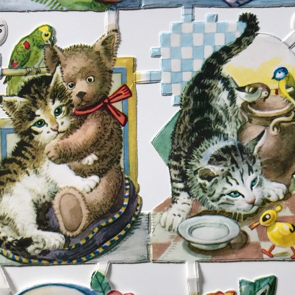 16 Vintage-Oblaten im Bogen, spielende Katzen, PZB 1364