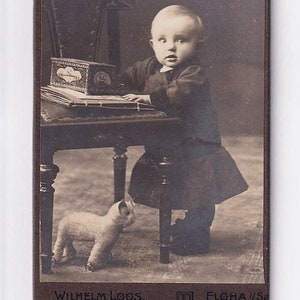 Blonde peuter met knuffelkat op wielen, blik en album, Duitse bezoekfoto (Wilhelm Loos, Augustusburg/Flöha)