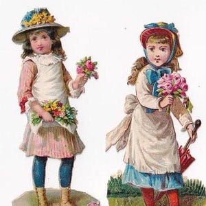 Mädchen mit Blumen, 3 antike Oblaten