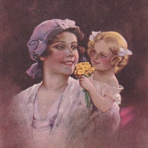 Mutter mit Haube und Tochter mit Blumensträusschen, antike deutsche Postkarte, um 1910