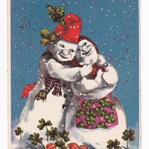 Schneemann und Schneefrau, Vintage-Postkarte, 1935 versendet