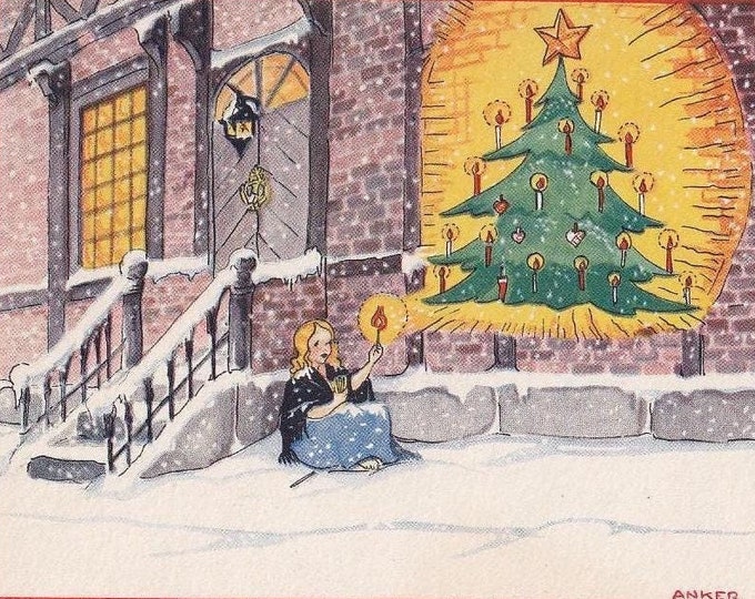 Anchor the Little Match Girl and Christmas Tree, Vintage Postcard