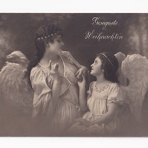 Engel-Mutter unterrichtet Engel-Tochter, deutsche Vintage-Postkarte