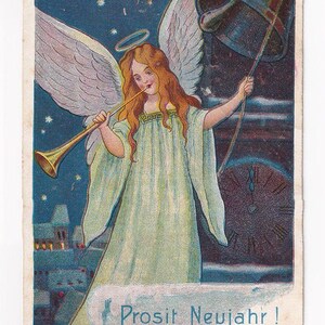 Engel beim Glockeläuten zu Mitternacht, antike Postkarte, 1905 versendet