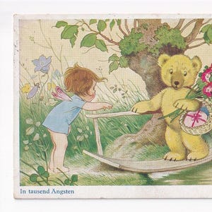Fritz Baumgarten: Elfe und Teddybär auf Brücke, deutsche Vintage-Postkarte