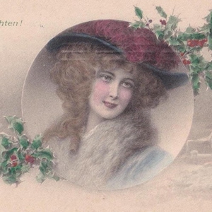 Signerat österrikiskt vykort av Raimund von Wichera omkring 1905: Kvinna med hatt framför vinterlandskap