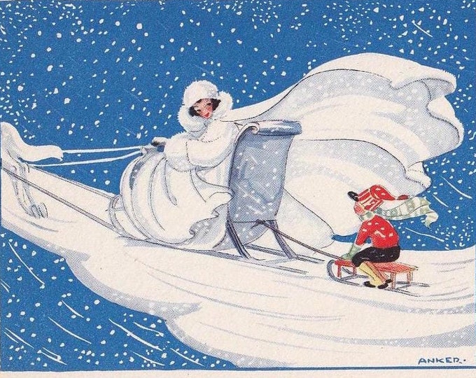 Anchor the Snow Queen, Vintage Postcard Based on the Andersen Fairy