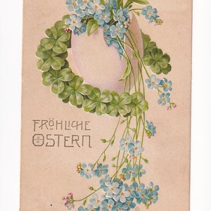 Uovo di Pasqua con nontiscordardime e trifoglio a ferro di cavallo, antica cartolina tedesca, spedita nel 1909