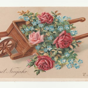 Holzschubkarren mit Blumen, antike deutsche Postkarte