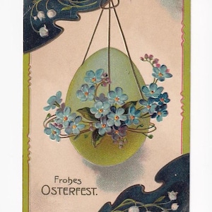 Uovo di Pasqua appeso a un nastro con nontiscordardime e mughetti, antica cartolina tedesca, spedita nel 1908
