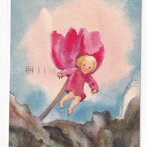 Mili Weber: Kind mit Alpenveilchen-Blüte, Schweizer Vintage-Postkarte, 1935
