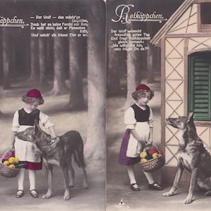 Paire de cartes postales anciennes : Le Petit Chaperon rouge avec loup/berger allemand