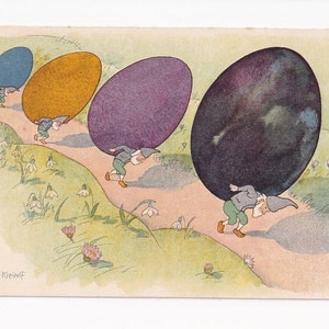 Ernst Kreidolf: Nani che trasportano uova di Pasqua, cartolina d'epoca svizzera, 1924