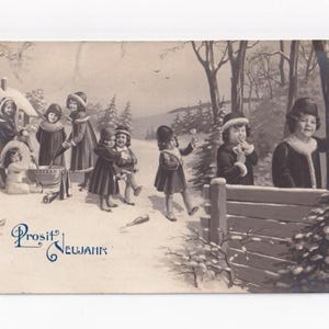 Children with champagne in the snow, antique German postcard, sent in 1910