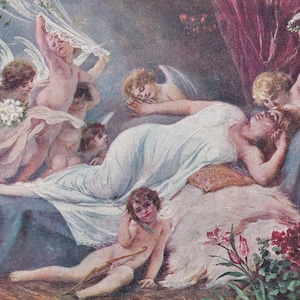 Adolf Liebscher: Amor und Engel besuchen Frau im Schlaf, antike Postkarte aus Tschechien