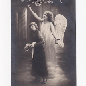 Engel mit Konfirmandin, antike deutsche Postkarte, 1921 versendet
