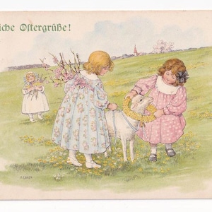 Pauli Ebner : Fille avec agneau et couronne de fleurs, carte postale autrichienne ancienne, envoyée en 1925