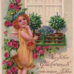 Amor zu Besuch am Blumenfenster, antike deutsche Neujahrspostkarte