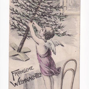 Engel beim Aufstellen des Weihnachtsbaums, Vintage-Postkarte, 1924 versendet