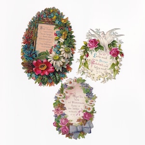 Zum Auswählen: Blumenkranz mit deutschem Spruch, antike Oblate