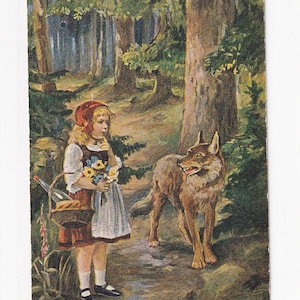 A. Hansa: Rotkäppchen und der Wolf, antike deutsche Postkarte, 1919 beschriftet