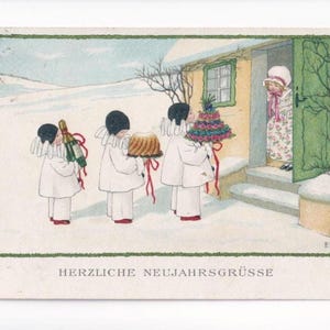Pauli Ebner: Pierrots bezoeken een meisje, antieke Oostenrijkse ansichtkaart, verzonden in 1921