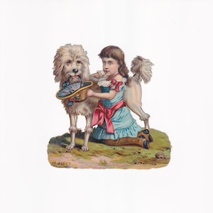 Mädchen mit Pudel und Korb, antike Oblate