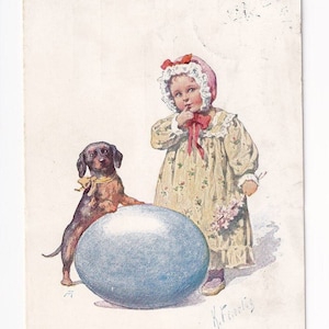 Karl Feiertag: Bassotto su un uovo di Pasqua con una ragazza, antica cartolina austriaca, circa 1914