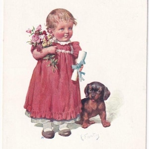 Karl Feiertag : Fille avec un chiot teckel, carte postale autrichienne ancienne, envoyée en 1913