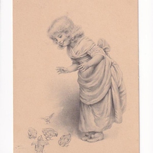 Ragazza con pulcini, cartolina antica austriaca, spedita nel 1905