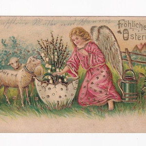 Angelo con annaffiatoio, piante nell'uovo e agnelli, cartolina antica tedesca, 1906