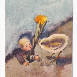 Mili Weber: Kind mit Krokus und Küken, Schweizer Vintage-Postkarte