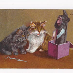 Maurice Boulanger (?): Gatti che guardano un jack-in-the-box, antica cartolina francese, spedita nel 1904