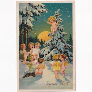 Engelchor bei Sonnenaufgang im Wald, antike Postkarte, 1922 versendet