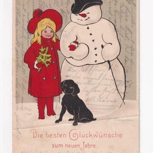 Gertrud Caspari: Schneemann- und Mädchen-Paar mit Hund, antike deutsche Postkarte, 1906 versendet