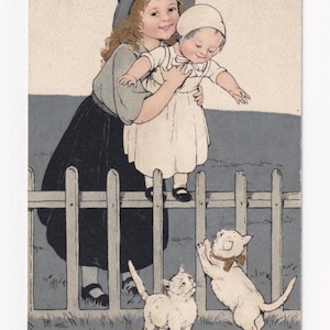Kinder mit weissen Katzen am Zaun, antike deutsche Postkarte, 1911 versendet