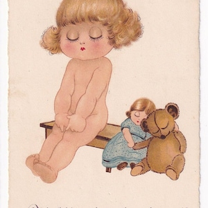Coppia di cartoline d'epoca: bambina con orsacchiotto e bambola