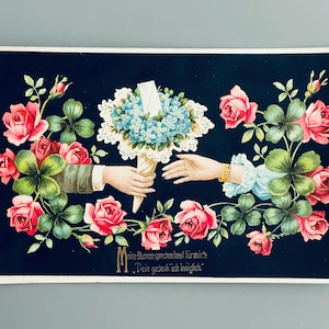 Hände mit Vergissmeinnicht-Strauss, Rosen und Klee, antike deutsche Postkarte, 1911 versendet