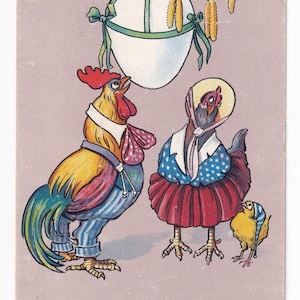May include: Vintage Easter postcard illustration featuring a rooster and hen in festive attire, with a chick. A large egg hangs from a branch. The text "Joyeuses Pâques" is at the bottom, celebrating the holiday.