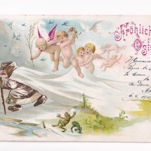 Putti e rane scacciano l'inverno, cartolina antica, spedita nel 1911