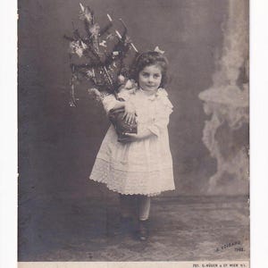 Albert Voisard: Menina carregando uma pequena árvore de Natal, antigo cartão postal austríaco, 1902