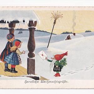 Zwerg bringt zwei Mädchen einen Brief, deutsche Vintage-Postkarte