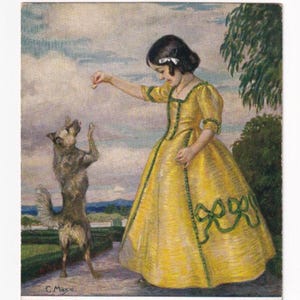 Corneille Max: Mädchen gibt Hund Leckerbissen, antike deutsche Postkarte, unbenutzt