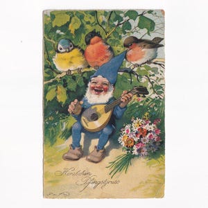 Fritz Baumgarten: Laute spielender Zwerg mit Vögeln, deutsche Vintage-Postkarte, 1928 versendet