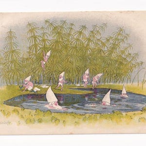 Ernst Kreidolf: Schwimmende Zwerge im Sommer, antike Schweizer Postkarte, 1919 versendet
