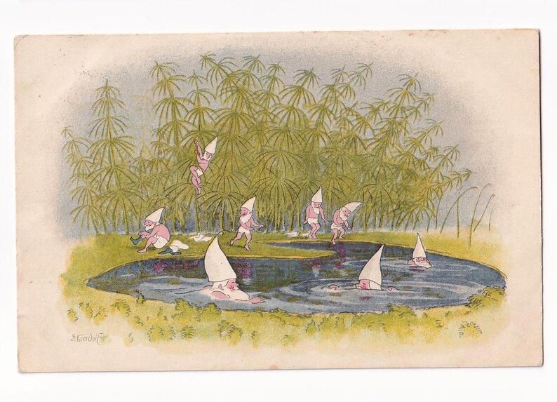Ernst Kreidolf Swimming Dwarves in Summer, Antique Swiss Postcard