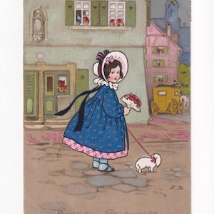 Fritz Baumgarten: Mädchen mit Hund auf Spaziergang, antike deutsche Postkarte, 1921 versendet