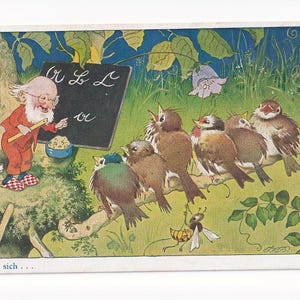 Fritz Baumgarten: Zwerg als Lehrer für Vögel, deutsche Vintage-Postkarte, 1941 versendet