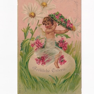 Angelo su uovo di Pasqua con vassoio di rose, antica cartolina tedesca, 1902