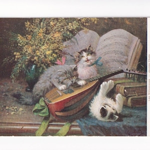 Léon Huber: Gatti che giocano con il liuto, cartolina francese antica, 1914 / 1921
